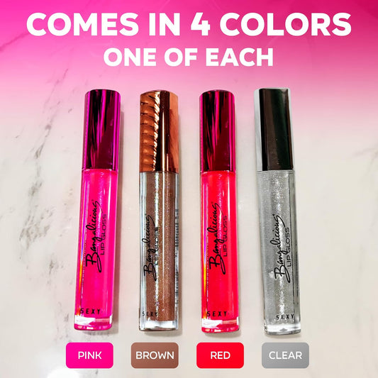 Lip Gloss for Women – Hydrating, Vitamin E Infused – Smooth Application, Clean Formula – Clear, Pink, Red & Brown Lipgloss, 4 Pack