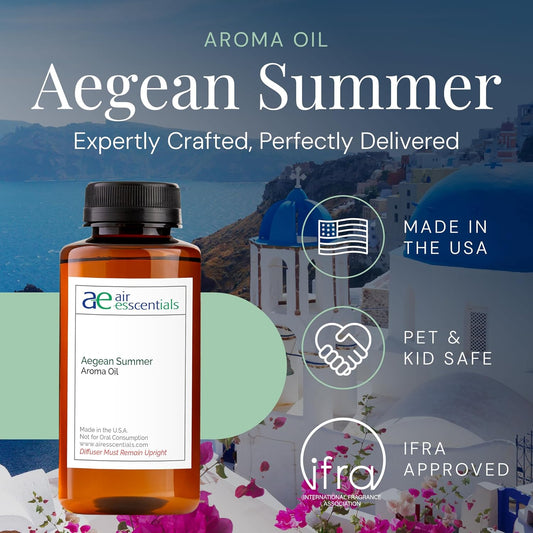Aegean Summer Aroma Oil, Essential Oils Blend for Diffusers & Scent Machines, Green Tea & Lemongrass, Aromatherapy, Cold Air Diffuser Compatible, 300 mL