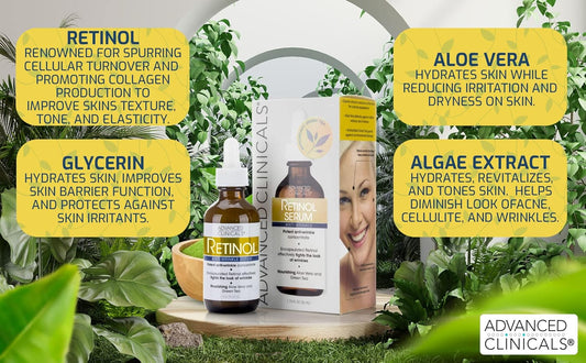 Advanced Clinicals Retinol Facial Serum Moisturizer Skin Care For Face, Anti Aging Retinol Concentrate Reduces Appearance Of Wrinkles & Fine Lines W/Aloe Vera & Green Tea, 1.75 Fl Oz (Pack of 2)