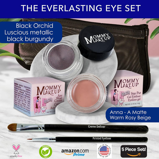 The Everlasting Eye 5 Piece Waterproof Makeup Set. Gel Eyeliner, Creme Eyeshadow, 2 brushes and Mesh Bag. Paraben-free, Talc-free, Cruelty-free. Anna/Amethyst 1206