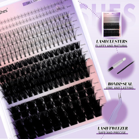 DIY Lash Extension Kit 100D/200D Lash Clusters With Bottom Lashes 12-18mm Multi-types Individual Lashes Bond and Seal, Spike, Volume Lashes Kit Lash Applicator(100/200 Kit)