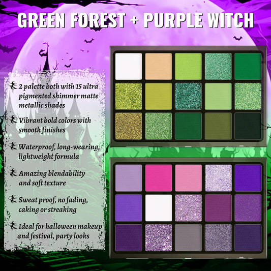 UCANBE 2pcs Eyeshadow Palette Makeup Set, Green Purple Color Shimmer Matte Metallic Eye Shadow Pallet with Soft Brush Eye Make Up Kit for Halloween Cosplay Costume Beetlejuice Medusa Poison Ivy Ursula