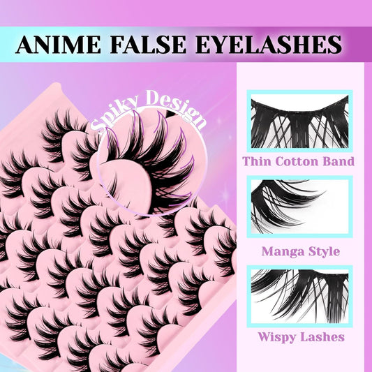 Losha Lashes Spiky Manga Lashes 14 Pairs Wispy False Eyelashes Natural Eye Lashes Kit with Lash Glue and Lash Tweezers Soft Anime Fake Eyelashes (Fairy)
