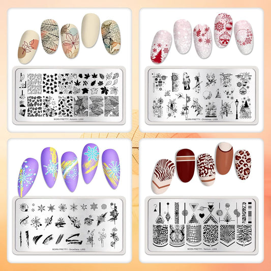Born Pretty Nail Stamping Plates 8PCS Nail Art Design Kit Fall Winter Halloween Christmas Tree with Snowflake Cute Deer Nail Art Image Plates Halloween Christmas Patterns Templates DIY Printing Tools