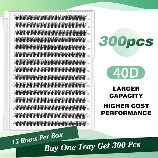 Lash Clusters 300pcs Individual Lashes 40D 0.07D Curl 10mm DIY Eyelash Extension KEYYOU Large Tray Volume Soft&Natural Cluster Lashes(40D-0.07D,10)