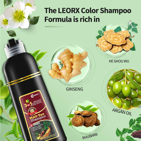 leorx Instant Hair Dye Shampoo For Gray Hair, 500ml - 3 In 1 Herbal Coloring For Women & Men - Dark Brown Color, Ammonia Free - Tintes Para El Cabello Profesional