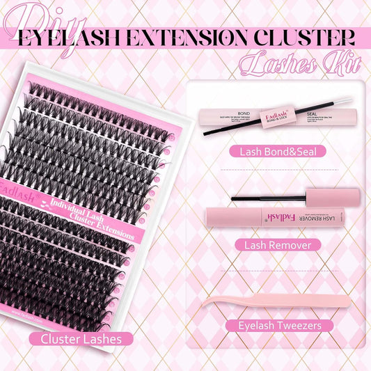FADLASH Lash Extension DIY Kit Lash Clusters D Curl Cluster Lashes with Lash Bond and Seal Cluster Lashes Glue Remover Lash Tweezers for DIY Eyelash Extension at Home(Kit 40D+50D-0.07D-12-18MIX)