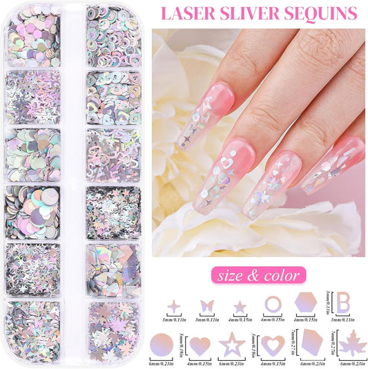 5 Boxes 60 Colors Holographic Nail Art Sequins Kit, Iridescent Sparkle Laser Hollow 3D Star Butterfly Heart Round Mixed-shapes Nail Glitter Flakes for Manicure Body Makeup Craft DIY (2-colorful-kit2)