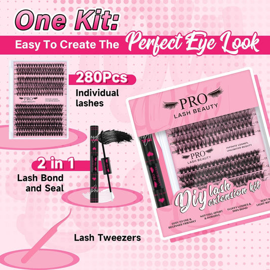 Lash Clusters Kit 280 Pcs Cluster Lashes 30D+40D Lash Extension Kit with Lash Bond and Seal Waterproof Lash Applicator Individual Lashes Apply at Home(30D+40D-9-16mix Kit)