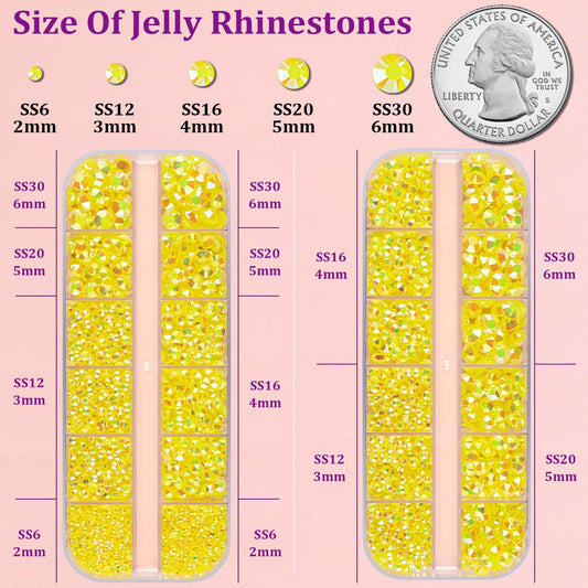 Resin Jelly Rhinestones for Crafting with B7000 Jewelry Glue, 2 Boxes Lemon Yellow AB Flatback Crystals with 3Pcs 10ml Glue, Bedazzling Non Hotfix Gems for DIY Tumblers Clothing Shoes Manicure