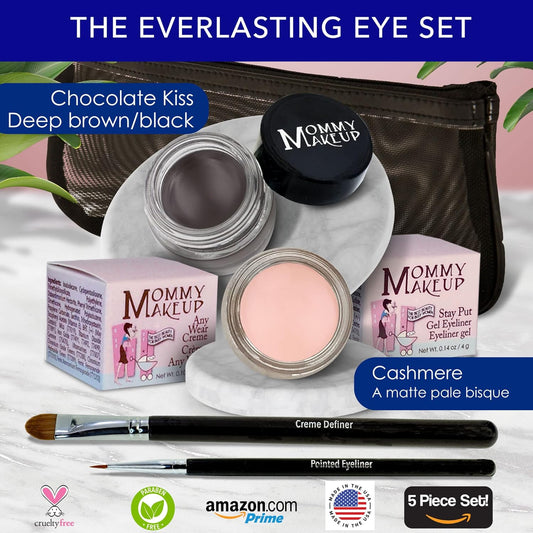 The Everlasting Eye 5 Piece Waterproof Makeup Set. Gel Eyeliner, Creme Eyeshadow, 2 brushes and Mesh Bag. Paraben-free, Talc-free, Cruelty-free. Cashmere/Chocolate Kiss 2502
