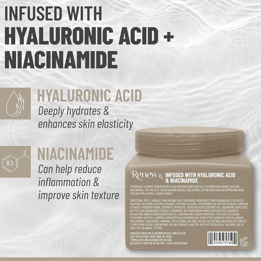 Hyaluronic Acid + Niacinamide Body Butter for Dry Skin – Deep Hydrating Skin Care, Skin Perfecting Vegan Skincare, 16 oz