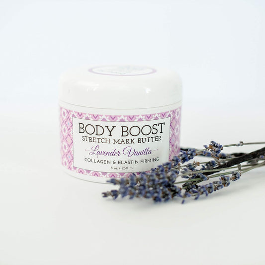 Body Boost Lavender Vanilla Stretch Mark Butter 8 oz.- Treat Stretch Marks and Scars- Pregnancy and Nursing Safe- with Shea Butter