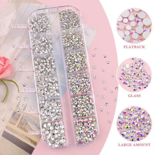 3600pcs Glass AB and Transparent White Nail Rhinestones 6 Sizes(1.8/2/2.4/2.8/3/4mm) Flatback Crystal Nail Charms Jewels Decoration for Nail Art and Crafting, Tweezer and Pickup Pen included