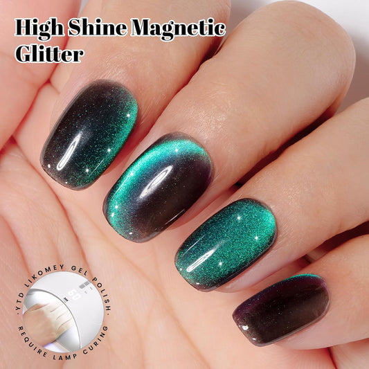 YTD Likomey Cat Eye Gel Nail Polish,15ml Black Green Purple Multi-Color Velvet Diamond Holographic Neutral Jelly Sheer Magnetic Shimmer Glitter Fall Winter UV Color Varnish with Magnet Stick,MY392