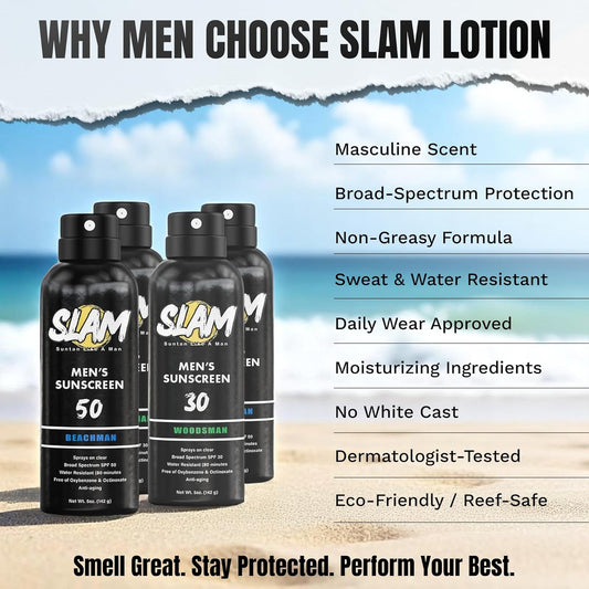 SLAM BeachMan Men's Scented Sunscreen Spray SPF 30 – Broad Spectrum Sun Screen for Face & Body, Water & Sweat Resistant Spray Sunscreen SPF 30, UVA/UVB Protection, Mens Sunblock