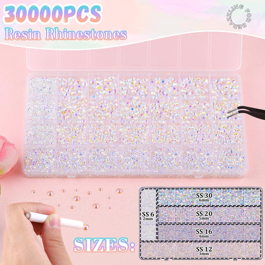 30000Pcs Resin Rhinestones for Bedazzling with 3Pcs B7000 Jewelry Glue, Transparent AB Flatback Gems Rhinestones for Crafting, Clothing Tumblers Mugs Shoes Fabric Decor Nail Art