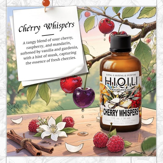 HIQILI Cherry Whispers Fragrance Oil for Soap, Candle Making, Inspired by E.scd Cherry in-t.Air, Wool Dryer Balls, Home Luxury Scents for Laundry & Bathroom Use - 1 Fl Oz