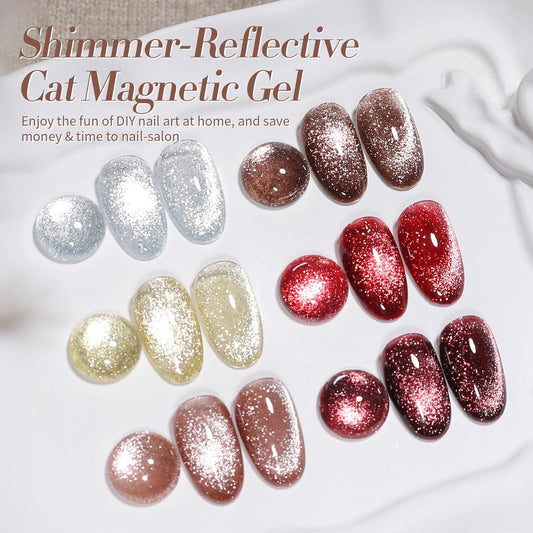 Born Pretty Cat Magnetic Eye Gel Nail Polish Reflective Glitter Gel Polish Red Silver Champagne Gold Glitter Gel Nail Polish 6PCS Set