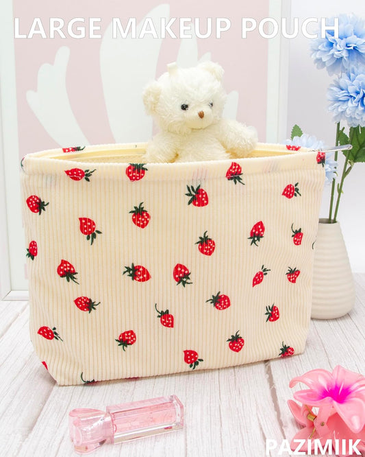 PAZIMIIK Makeup Bag Large Cotton Zipper Pouch for Purse Travel Canvas Make Up Organizer for Women Cosmetic,Strawberry Beige