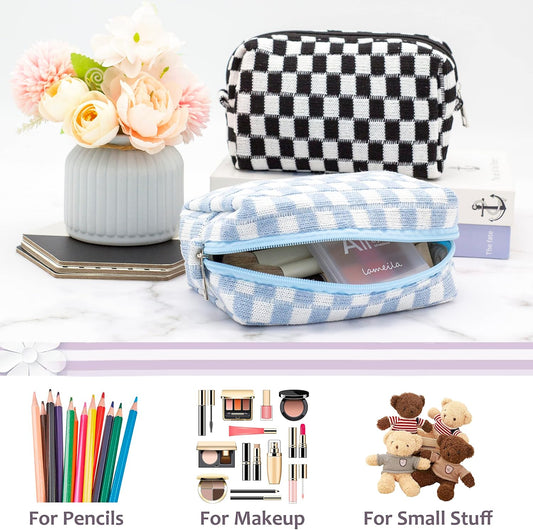 PAZIMIIK Checkered Makeup Bag for Purse Portable Zipper Make Up Pouch Small Cosmetic Case for Travel Accessories (2PCS Blue)
