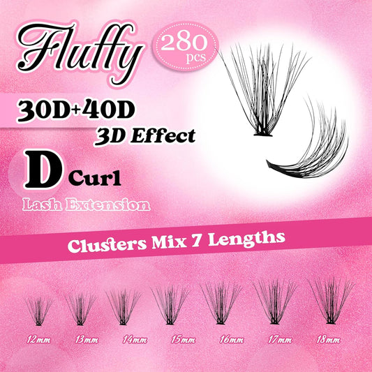Lash Clusters 240pcs 30D+40D 12-18mm Cluster Lashes Mixed Tray 3D Effect Volume Individual Lashes Cluster Eyelash Extensions Fluffy Soft D Curl DIY Lash Extension Kit at Home (30D+40D-0.07-D,12-18mm)