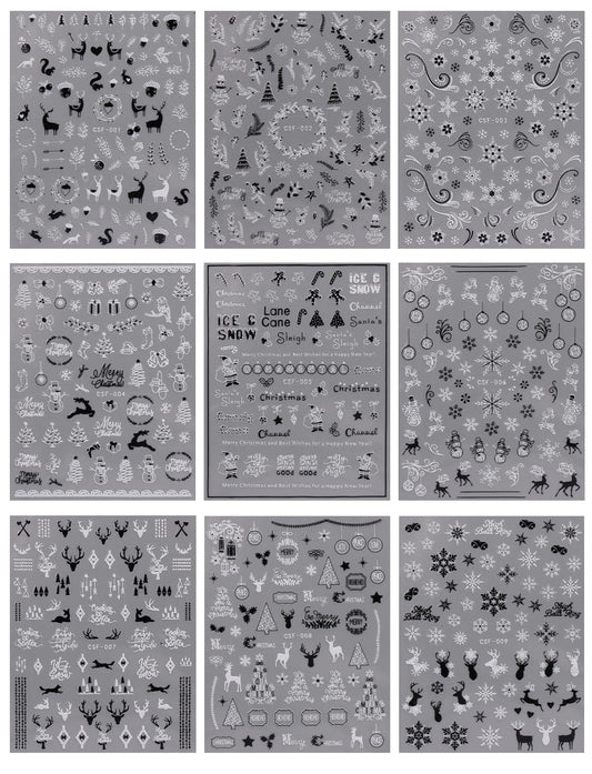 JMEOWIO 9 Sheets Christmas Glitter Nail Art Stickers Decals Self-Adhesive White Black Nail Supplies Nail Art Design Decoration Accessories