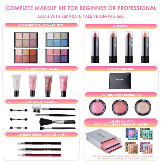 Hot Sugar Makeup Set for Teen Girls Ages 10-12, All in One Beginner Makeup Kit for Women, Cosmetics Gift Set for Birthday Christmas (Clear02)