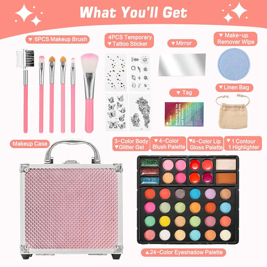 Anpro All-In-One Makeup Carry Case with Pro Teen Makeup Set, Full Starter Cosmetics Kit with Makeup Brushes, Eye Shadows Palette, Blushes, Glitter Gel, Temporary Tattoo Stickers - Blue