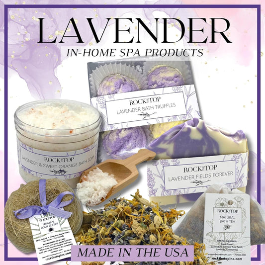 USA Made | 6 Lavender Self Care Gifts for Women, Bath Bombs (Truffles), Plant Based Dry Brush Body Brush Loofah, Epsom Salt Bath Soak, Handmade Soap, Herbal Bath Tea, Self Care Gift Box.