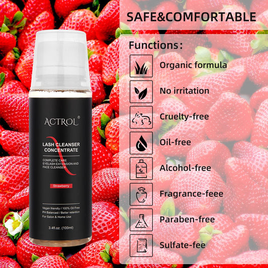 Eyelash Cleanser Concentrate 100ml Strawberry Professional Lash Shampoo Foaming Cleanser Paraben & Sulfate Free Non-lrritating Wash for Extensions Lashes Care-Makes 20 Bottles