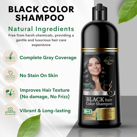 Black Hair Dye Shampoo – Instantly Covers Gray Hair in Minutes – 10-in-1 Herbal Hair Color – No Stain, Ammonia-Free, Natural – For Men & Women