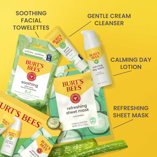 Burt's Bees Back To School Dorm Essentials, Gentle Skin Care To-Go Set, Includes Cleanser, Towelettes, Lotion and Sheet Mask, Facial Skin Care Products for Sensitive Skin, Natural Origin, 1 Gift Set