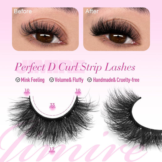 JIMIRE False Eyelashes Volume Natural Look Russian Strip D Curl Lashes Wispy 17MM Cat Eye Lashes Look Like Lash Extensions Mink Fluffy 5 Pairs Pack