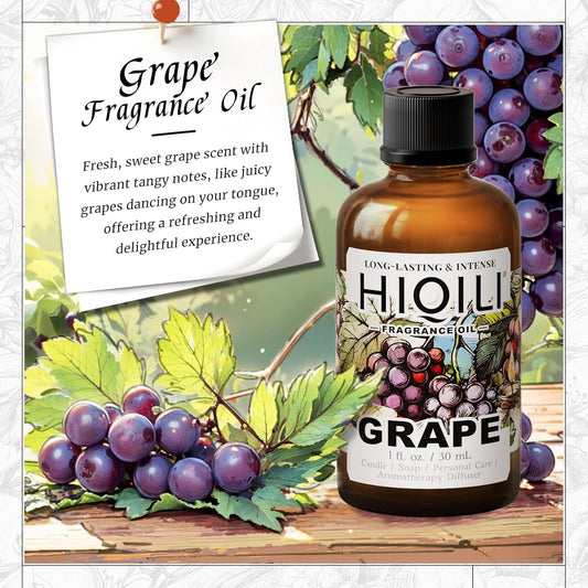 HIQILI Grape Fragrance Oil for Diffuser & Oil Burner, Fruity Scents for Making Candles, Hand Soap, Air Freshener, Long Lasting - 1 Fl Oz