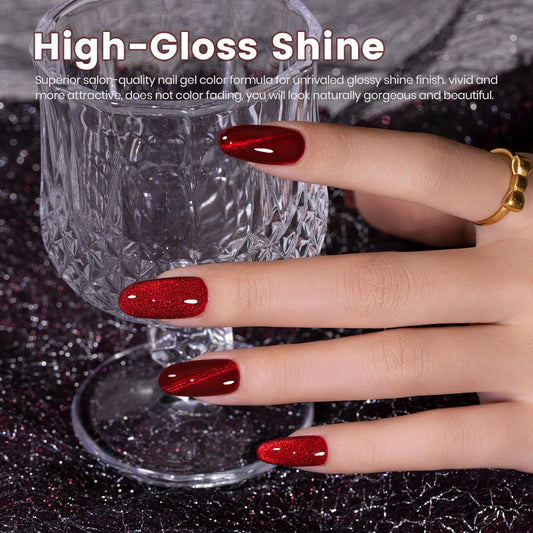 RARJSM Cat Eye Gel Nail Polish Diamond Dark Black Wine Red Cateye Velvet Glitter Gel Polish 15ml Single Bottle with Magnet Stick UV LED Curing Requires Soak Off for Home Salon Christmas Manicure