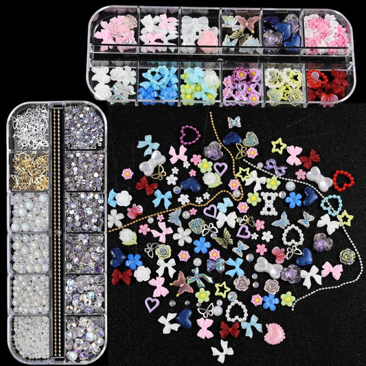 Nail Art Charms Flatback Nail Pearls Rhinestones with Rhinestones Glue Gel Flower Butterfly Nails Gems Supplies Accessories Clear Rhinestone for Women Nails Design Decoration