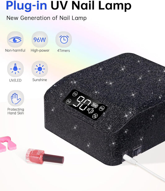 UV LED Nail Lamp 96W Nail Dryer Sparkly Gel Polish Light 4 Timer Setting Professional Quick Dry Curing Lamp with Display Auto Sensor for Salon & Home, Black