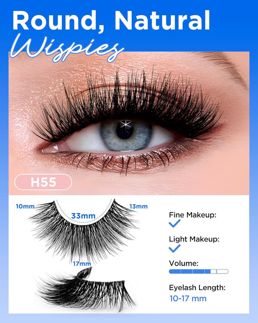 BEYELIAN 14 Pairs False Eyelashes Clear Band D Curl 9-15MM Eye Lashes Pack, Soft and Lightweight Invisible Band Faux Mink Lashes, Reusable, Easy to Apply (14P-HSCS-55)