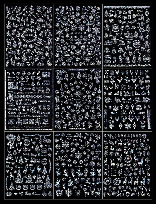 9 Sheets Merry Christmas Nail Art Stickers Decals Self-Adhesive Holiday Snowflakes Laser Silver Snowman Bell Nail Supplies Nail Art Design Decoration Accessories