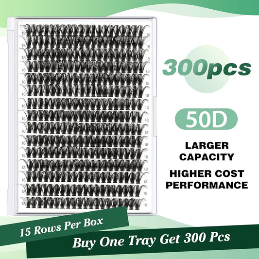Lash Clusters 300pcs Individual Lashes 50D 0.07D Curl 18mm DIY Eyelash Extension KEYYOU Large Tray Volume Soft&Natural Cluster Lashes(50D-0.07D,18)