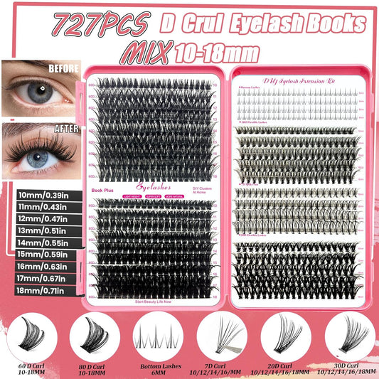 DIY Lash Extension Kit 727Pcs Lashes Clusters with Bottom Lashes Lash Bond and Seal Glue Remover Lash Shampoo Cleansing Brush Headband Wristband Tweezers Eyelash Brush Applicator