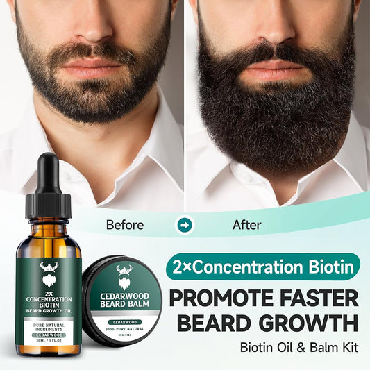 Beard Growth Kit - 2X Concentration Biotin for Men, Natural Argan, Jojoba Oils and Vitamins (Cedarwood)