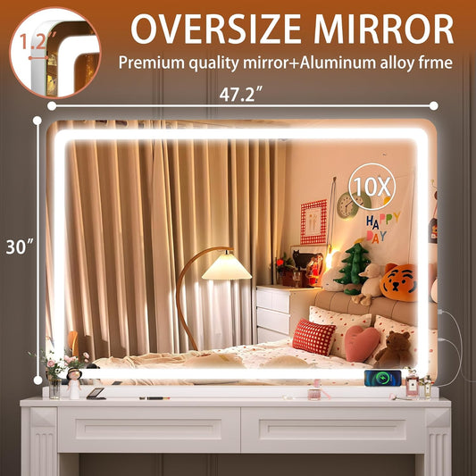 Hasipu Vanity Mirror with Lights, 47.2" x 30" LED Makeup Mirror, Lighted Makeup Mirror with Dimmable 3 Modes, Touch Screen Control Vanity Mirror Round White