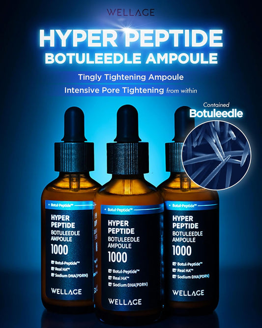 WELLAGE Hyper Peptide Botuleedle Ampoule, Korean Anti-Aging Serum with Infused Peptide, High Purity of Hyaluronic Acid, PDRN, Panthenol, Squalane - Pore Elasticity, Plumping Skin, 1.69 fl.oz.