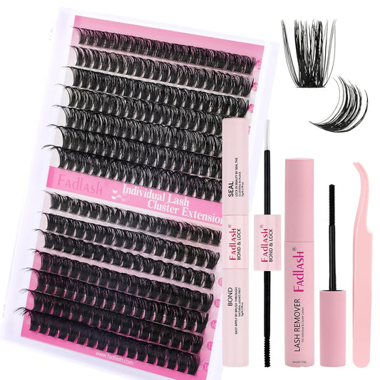FADLASH Lash Extension DIY Kit Lash Clusters D Curl Cluster Lashes with Lash Bond and Seal Cluster Lashes Glue Remover Lash Tweezers for DIY Eyelash Extension at Home(Kit 60D+80D-0.07D-12-18MIX)