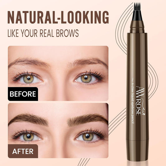 AWROSE Eyebrow Pencil, 3D Waterproof Microblading Eyebrow Pen 4 Fork Tip Tattoo Pencil, Precise Natural Magic Eye Brow Pen with Hair Like Strokes, 4 Points Multi-Used Eye Brow Pencils for Women/Men