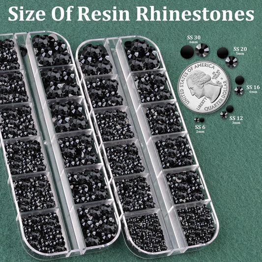 Resin Rhinestones for Crafting with B7000 Jewelry Glue, 2 Boxes Black Flatback Crystals with 3Pcs 10ml Glue for Bedazzling Crafts DIY Nail Art Makeup,Non Hotfix Gems for Clothing Shoes