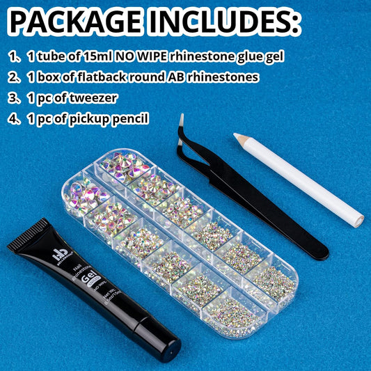 Nail Art Rhinestone Glue Gel&Flatback Gems Accessories Kit, 1 Tube of 15ml Rhinestone Gel Glue(UV/LED Needed)+1 Box of Flat-Back Round Glass Crystal AB Gemstones with Pickup Pencil and Tweezer