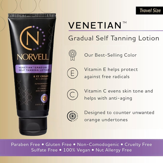 Norvell Venetian Sunless Self Tanner Gradual Color Extender Moisturizing Lotion, Travel Size 2.5 fl.oz - Self Tanning Cream with Violet and Brown Tone